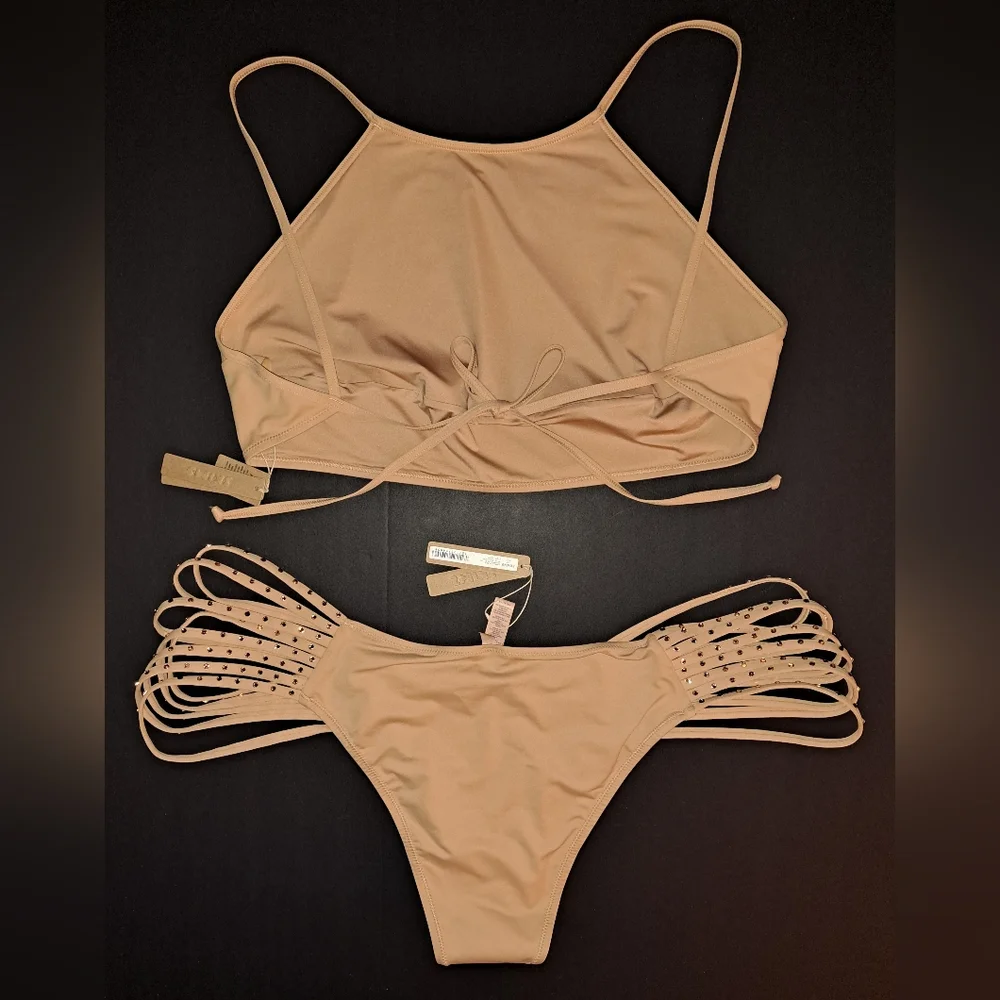 ⛱️NWT SKIMS 2 Piece High neck top Rhinestone Swim Strappy Bikini Nude OCHRE 4X